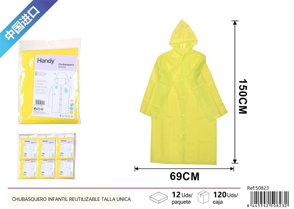 Chubasquero infantil reutilizable talla única para protección contra la lluvia