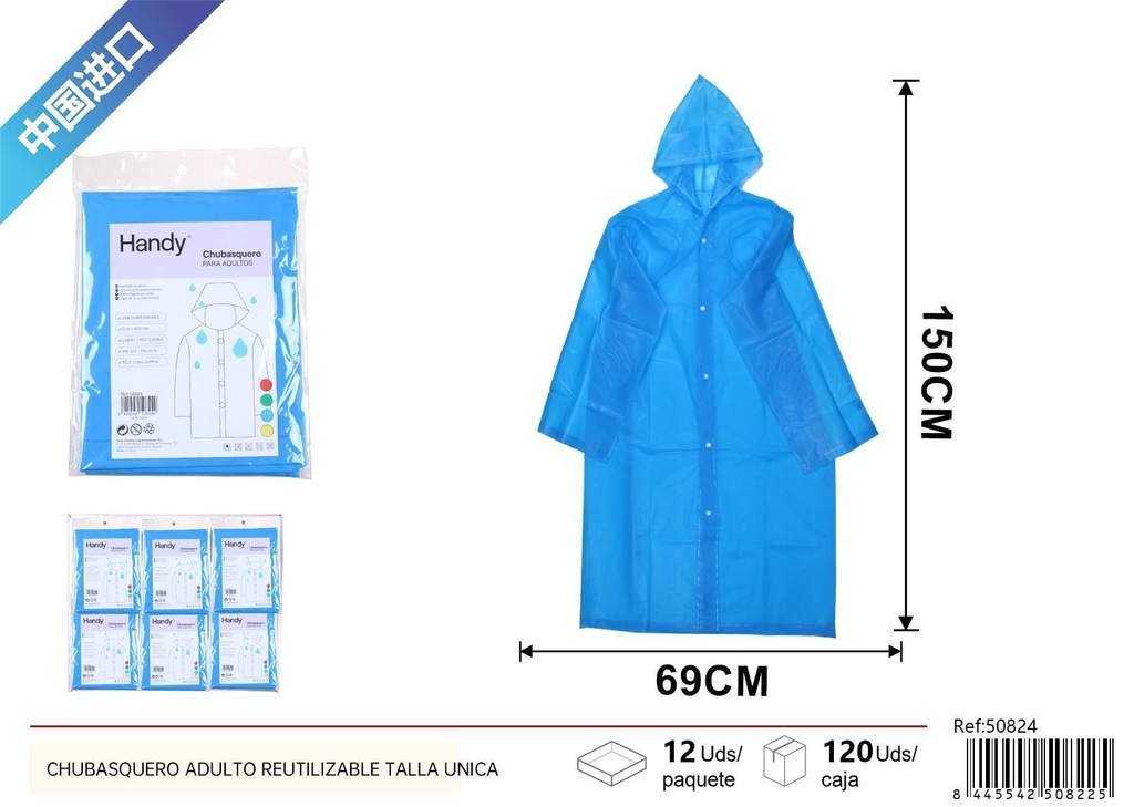 Chubasquero adulto reutilizable talla única - Artículos de lluvia y protección personal