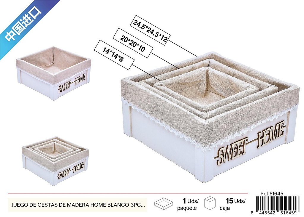 Juego de cestas de madera Home blanco 3pcs 24.5*24.5*12cm - Almacenamiento decorativo