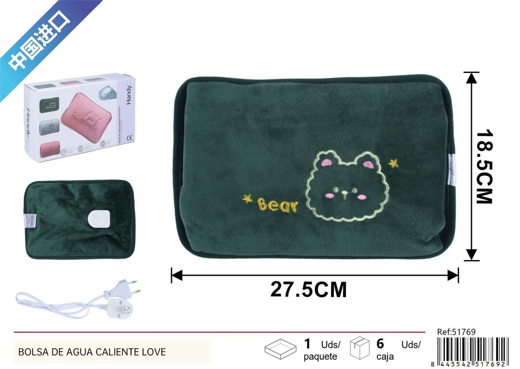 Bolsa de agua caliente verde con diseño de animal para alivio del dolor