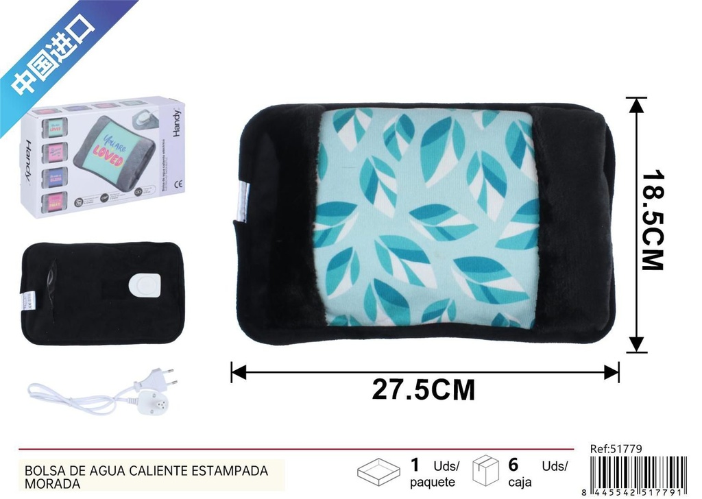 Bolsa de agua caliente estampada negra para alivio de dolores