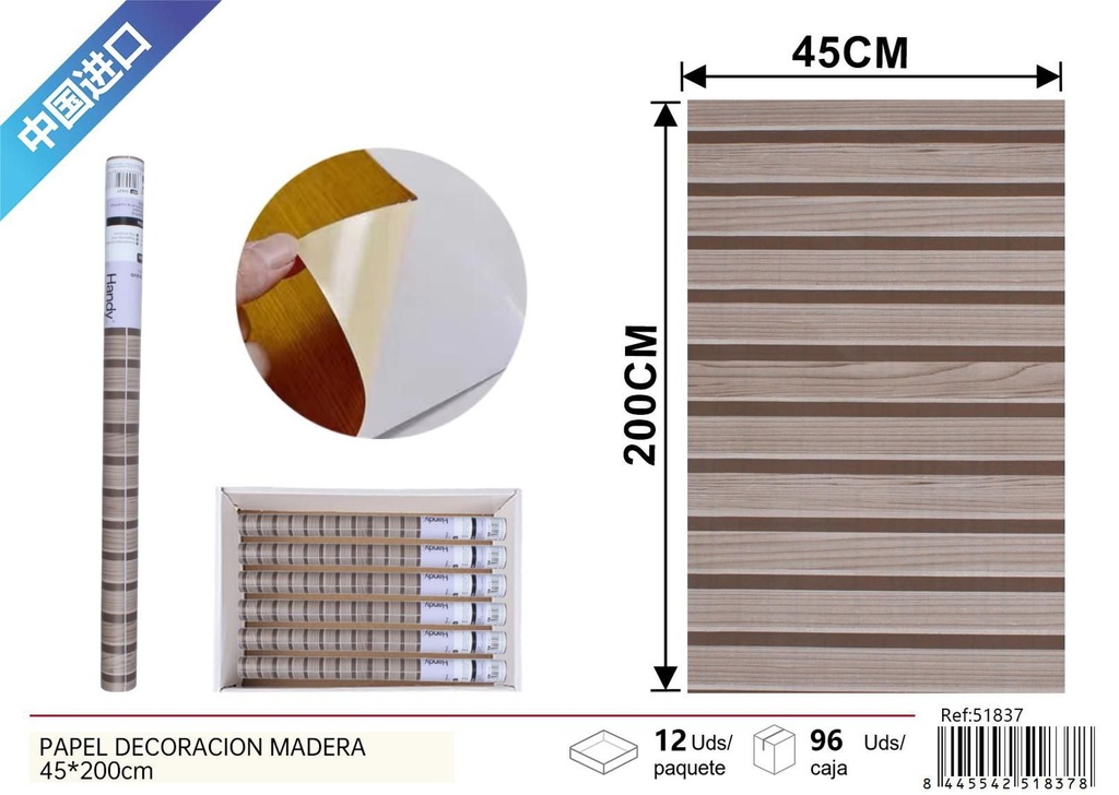 Papel de decoración imitación madera 45x200cm para revestimientos y bricolaje