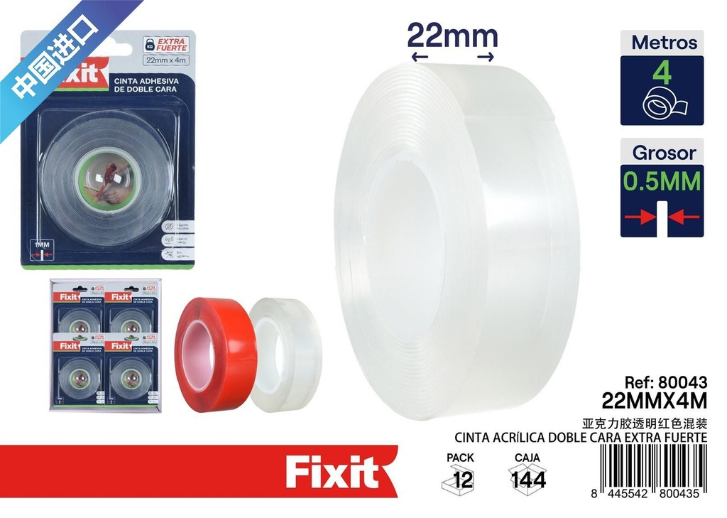 Cinta acrílica doble cara extra fuerte 1mm x 22mm x 4m - Cintas adhesivas y selladoras