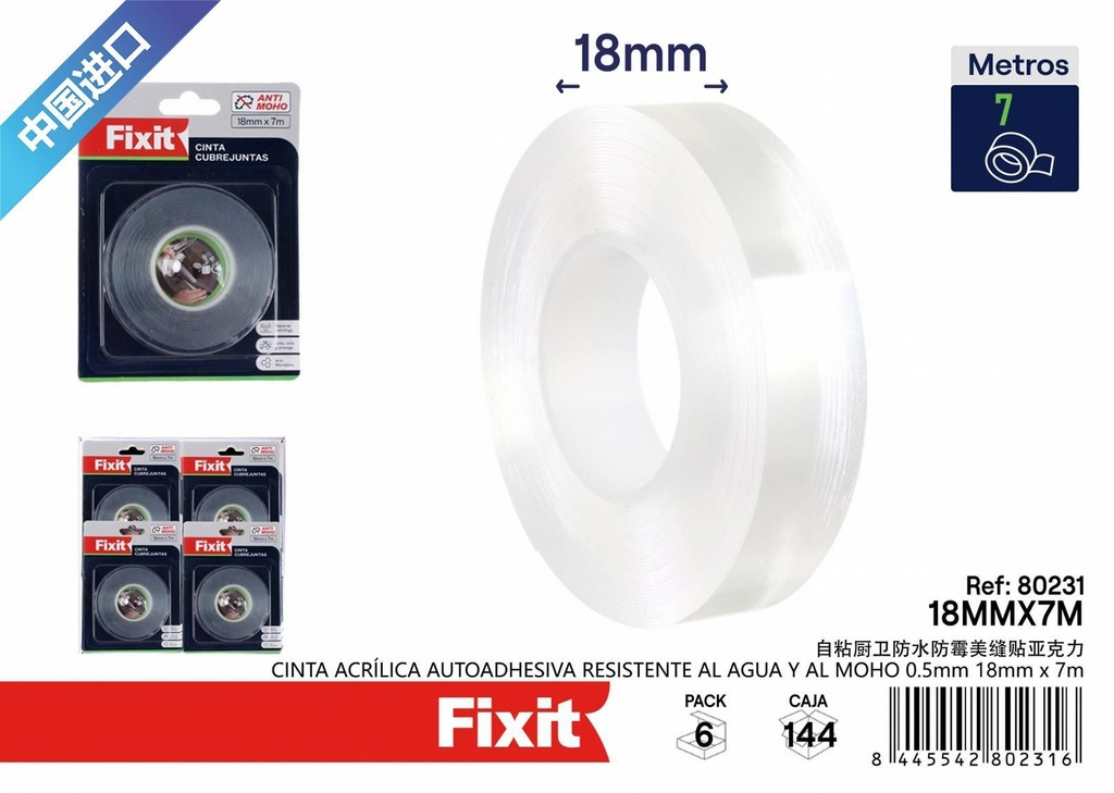 Cinta acrílica autoadhesiva resistente al agua 18mm*7m - Suministros de construcción