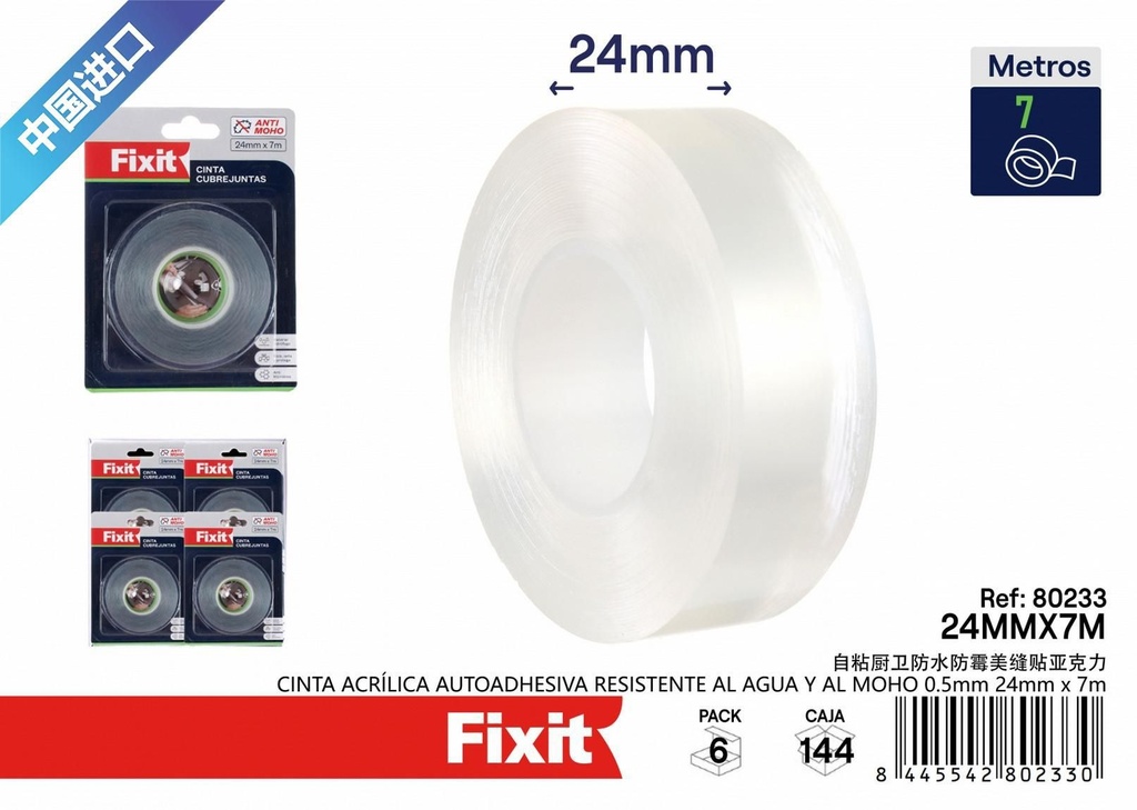 Cinta acrílica autoadhesiva resistente al agua y al moho 0.5mm x 24mm x 7m - Materiales para baño y cocina