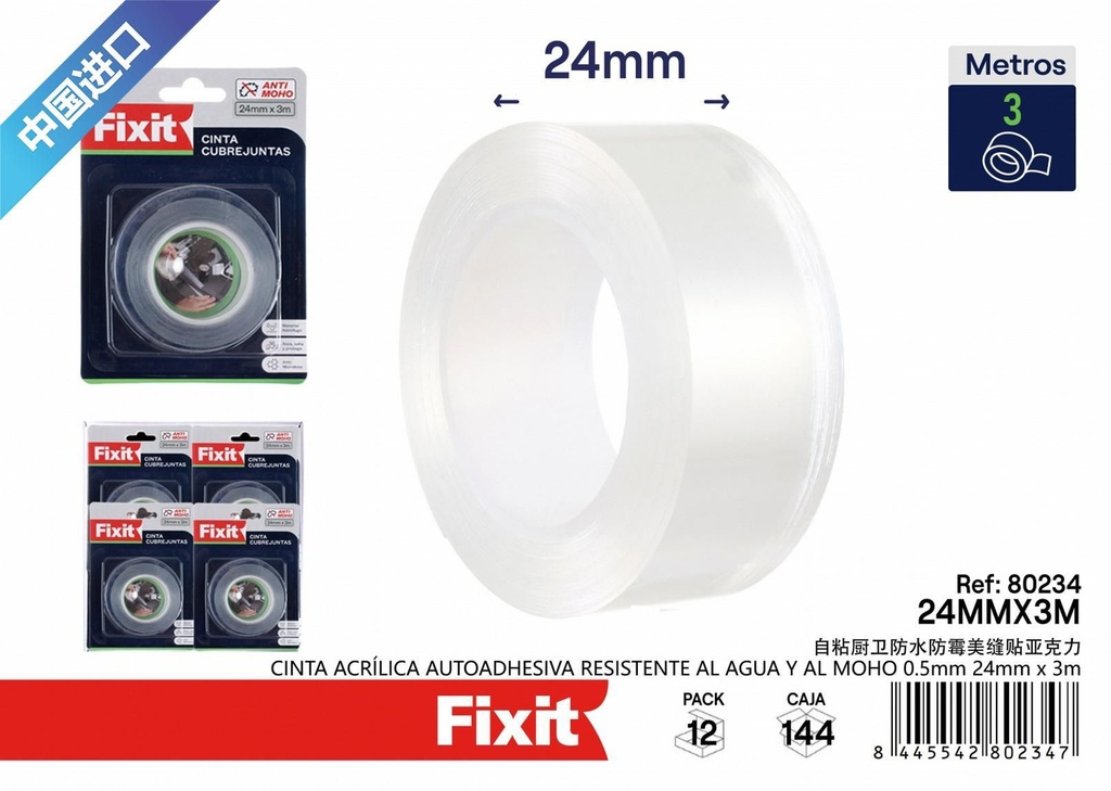 Cinta acrílica autoadhesiva resistente al agua 24mm*3m - Suministros de construcción
