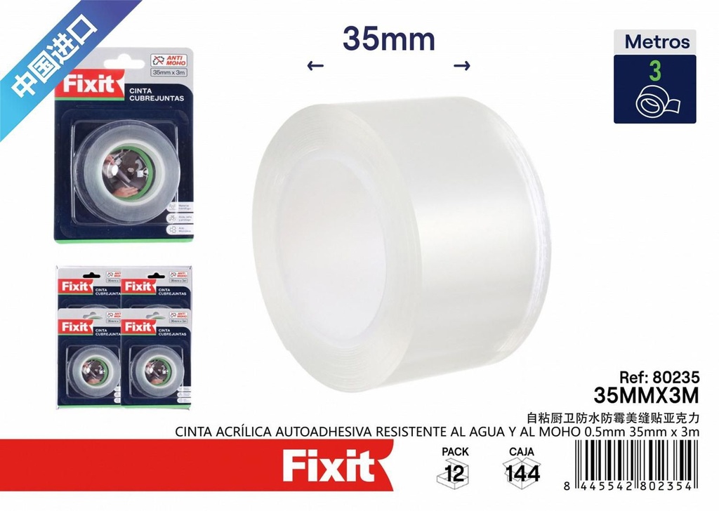 Cinta acrílica autoadhesiva resistente al agua y al moho 0.5mm 35mm*3m - Cintas y adhesivos