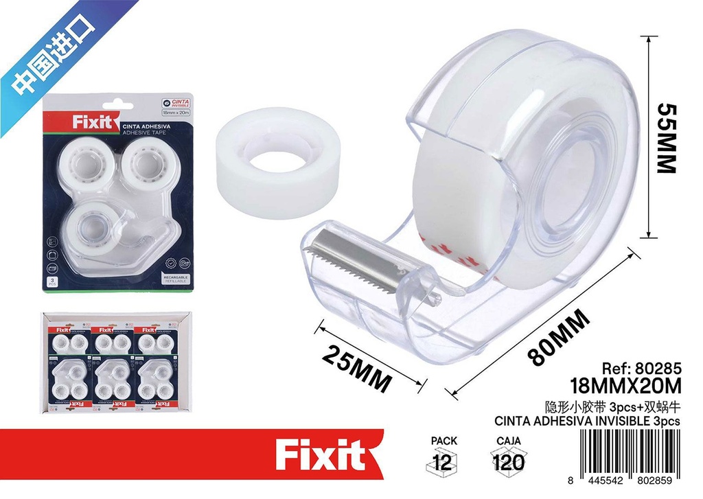 Cinta adhesiva invisible 18mm x 20m (3 piezas) - Suministros de oficina y cinta