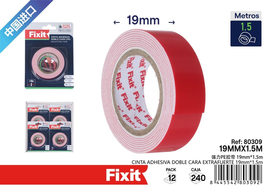 Cinta adhesiva doble cara extrafuerte 19mm x 1.5m para fijaciones seguras