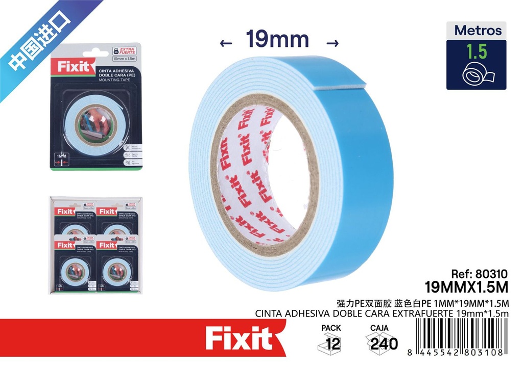 Cinta adhesiva de doble cara extrafuerte 19mm x 1.5m - Cintas adhesivas