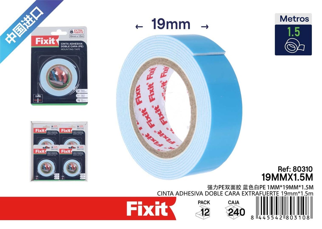 Cinta adhesiva doble cara extrafuerte 19mm x 1.5m - Cintas adhesivas y selladoras