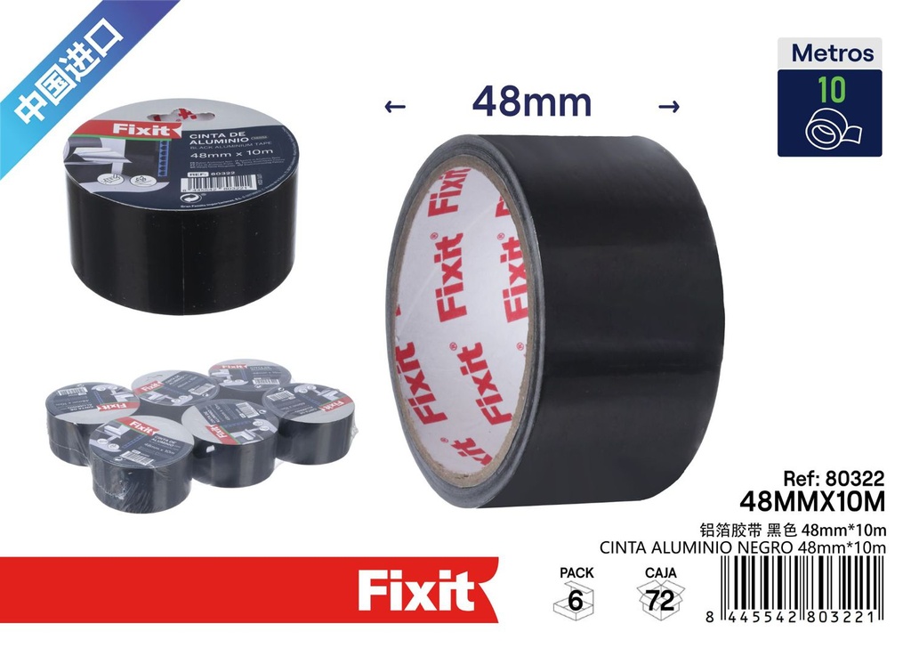 Cinta de aluminio negra 48mm*10m - Herramientas