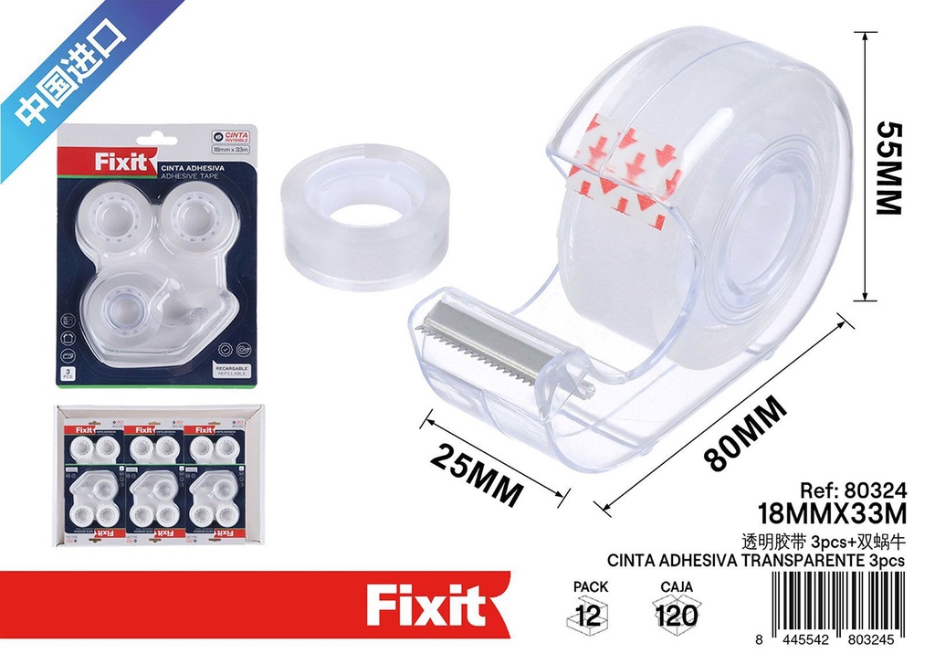 Cinta adhesiva transparente 18mm*33m 3pcs - Material de oficina y adhesivos