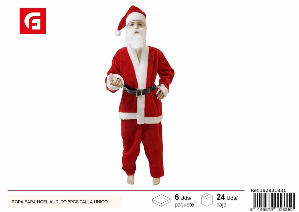 Ropa Papá Noel adulto 5pcs talla única para disfraces navideños