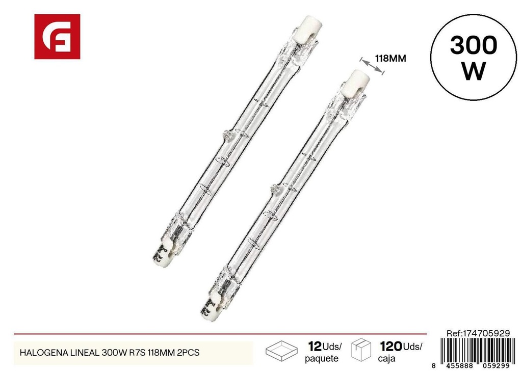 Bombilla halógena lineal 300W R7S 118mm 2pcs para iluminación