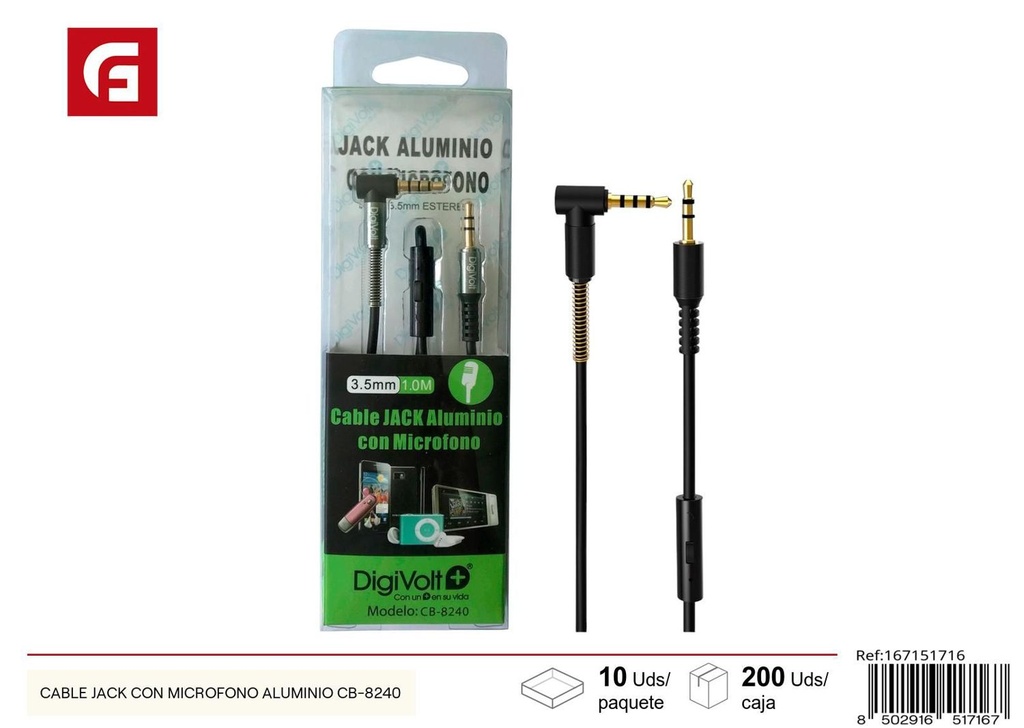 Cable jack con micrófono aluminio CB-8240 para audio