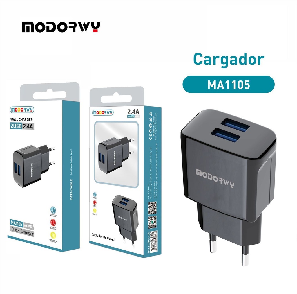 Cargador 2.4A 2USB negro para dispositivos electrónicos