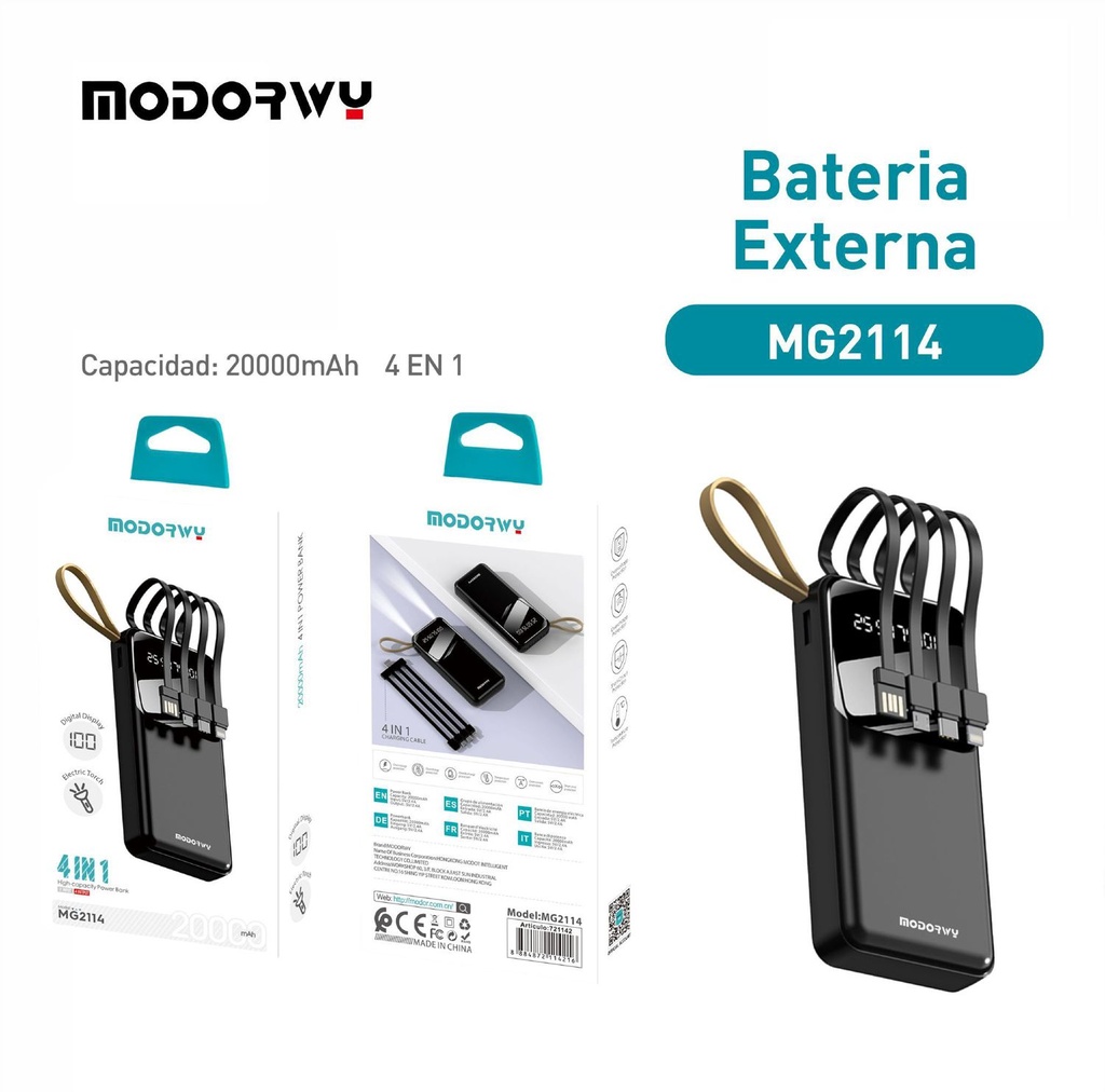 Power bank 4 en 1 20000mAh negro MG2114 para carga y tecnología