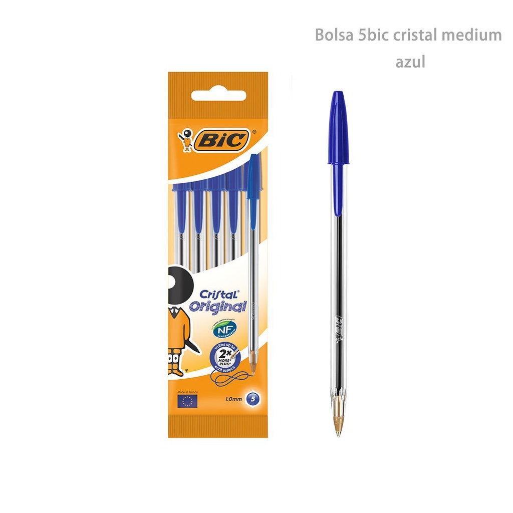 Bolsa 5 bolígrafos Bic Cristal médium azul para escritura