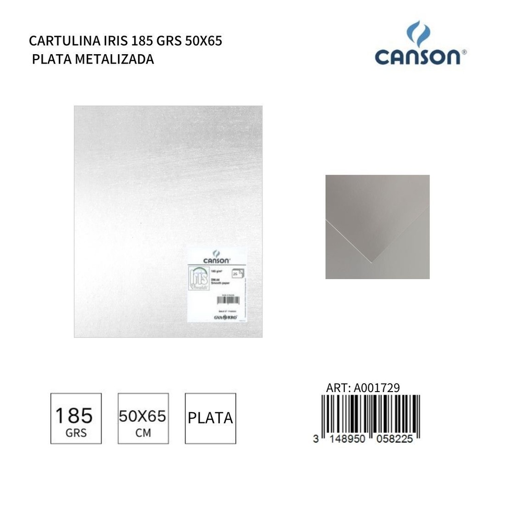 Cartulina Iris 185 grs 50x65 plata metalizada - Material escolar