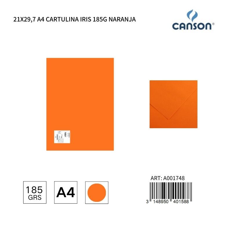 Cartulina A4 21x29,7 185g Color Naranja - Cartulina IRIS, Material de oficina