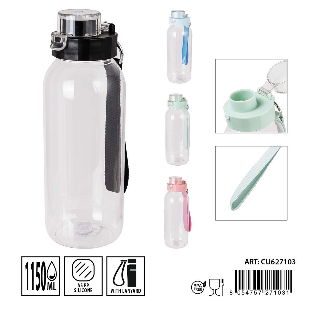 Botella de agua de plástico 1150ml con tapa para bebidas y deporte