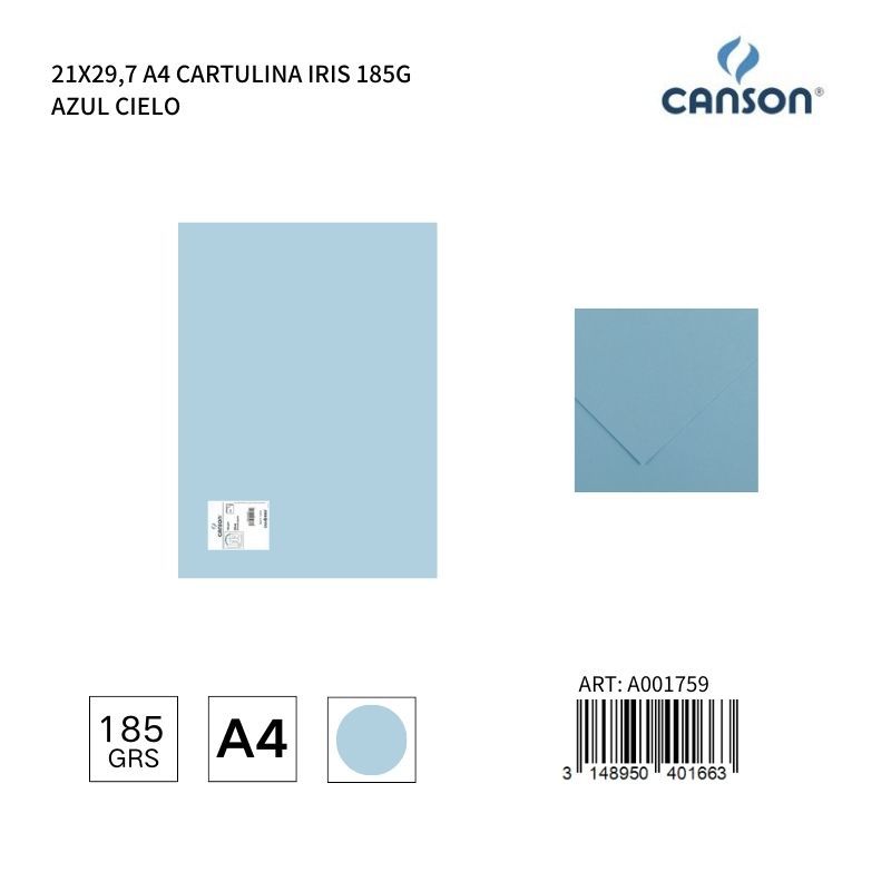 Cartulina A4 21x29.7 185g color azul cielo - IRIS