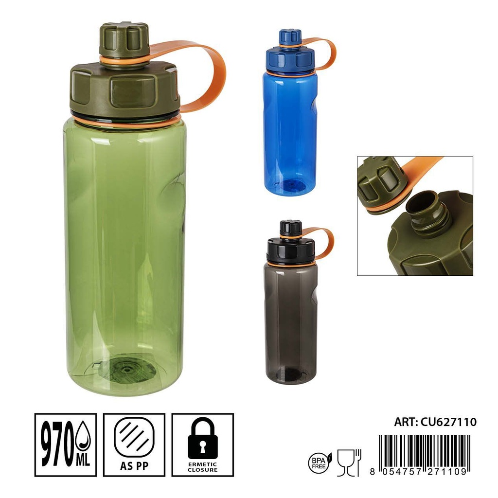 Botella de agua de plástico 970ml con tapa para bebidas y deporte