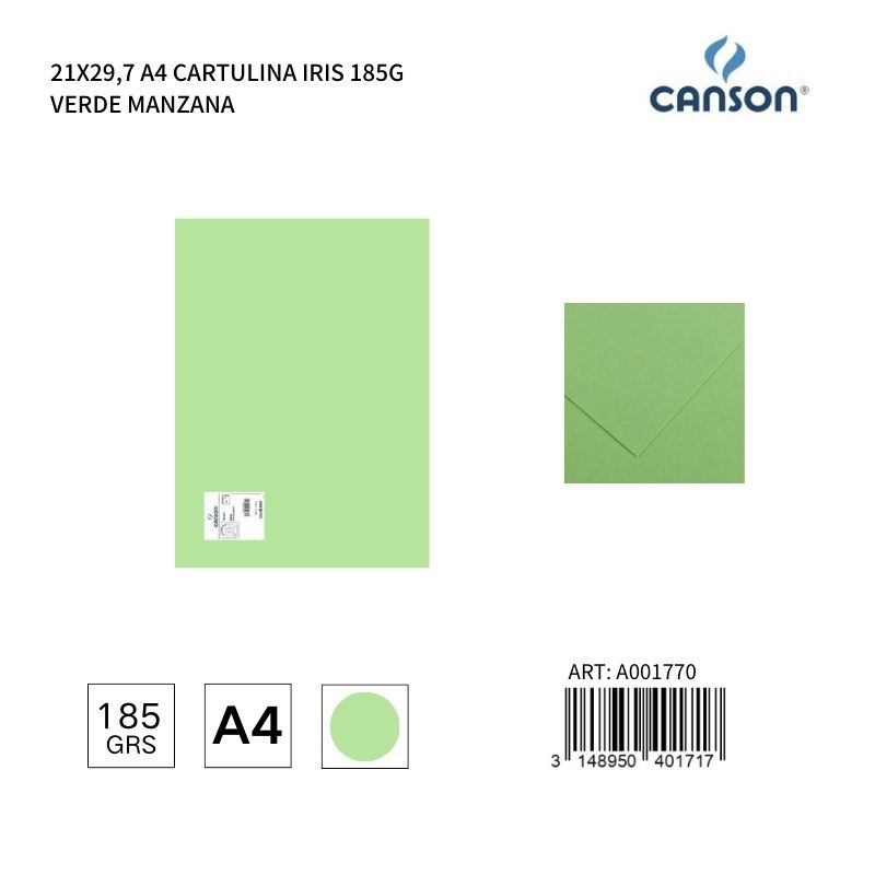 Cartulina A4 21x29,7 185g Color Verde Manzana - Cartulina IRIS, Material de oficina