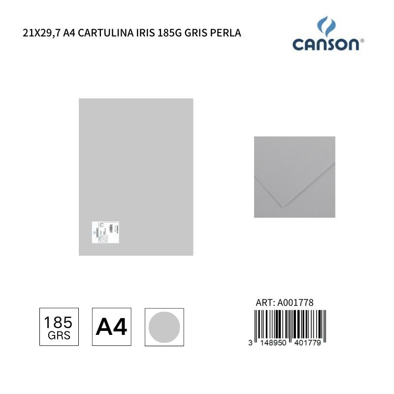 Cartulina A4 21x29,7 185g Color Gris Perla - Cartulina IRIS, Material de oficina