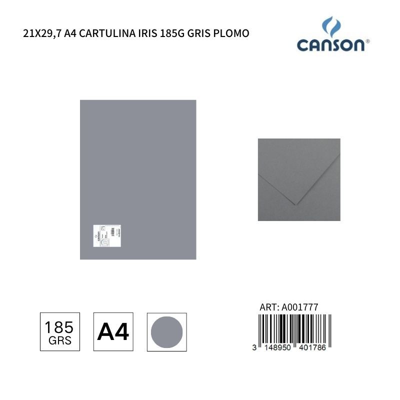 Cartulina A4 21x29,7 185g Color Gris Plomo - Cartulina IRIS, Material de oficina