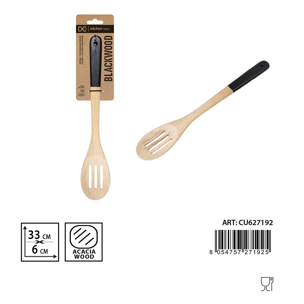 Cuchara perforada de acacia 33x6 cm - Utensilios de cocina