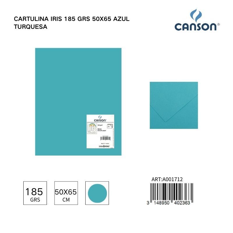 Cartulina Iris azul turquesa 185 grs 50x65 cm - Materiales de papelería y manualidades