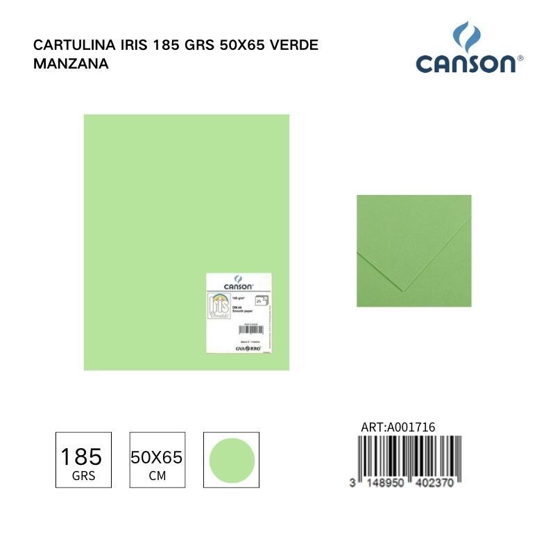 Cartulina Iris 185g 50x65 color verde manzana - Pack de hojas