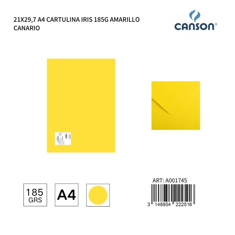 Cartulina A4 21x29.7 185g color amarillo canario - IRIS