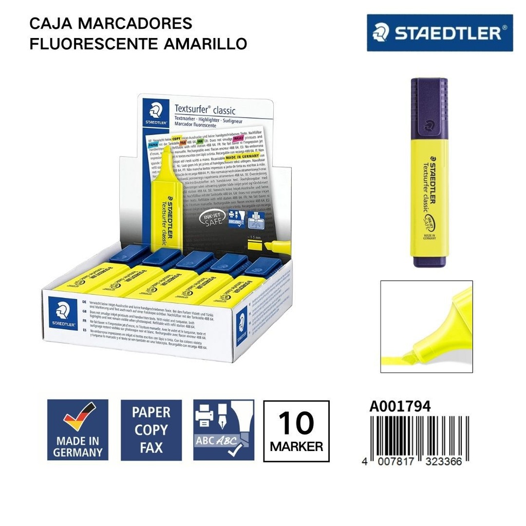 Caja de 10 marcadores fluorescentes amarillos de 1/5mm - Papelería y marcadores