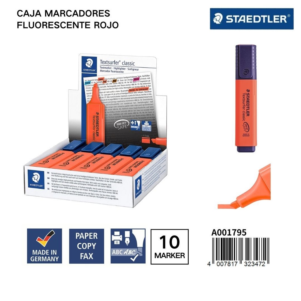 Marcadores fluorescentes STAEDLER 1/5MM Caja 10 Rojo