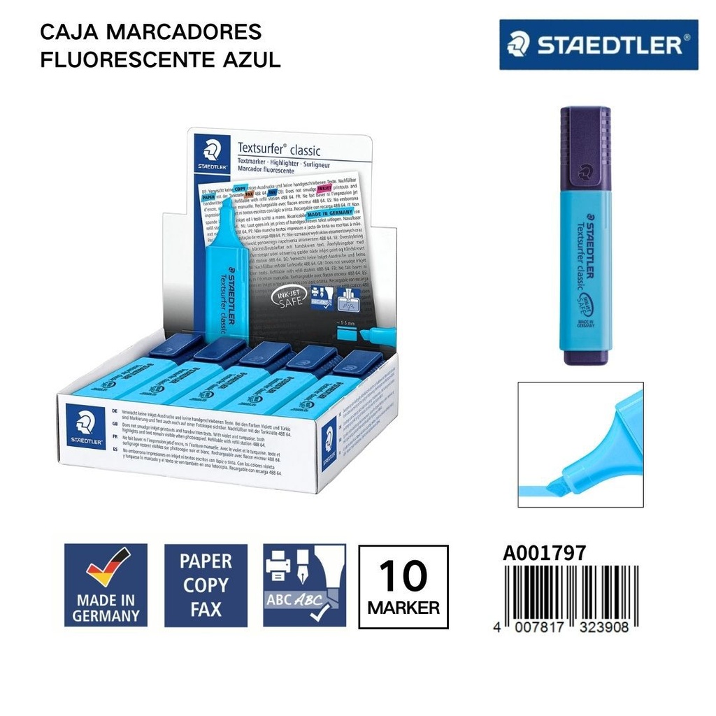 Caja de 10 marcadores fluorescentes azules - Artículos de papelería y escritura