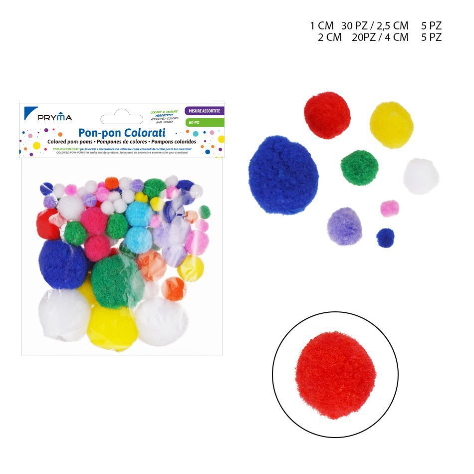 Pom pom de colores N.4/2/1/2.5 60 unidades - Materiales de manualidades