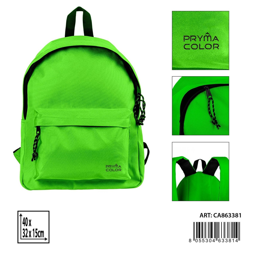 Mochila verde fluorescente 40x31x15cm para uso escolar y diario