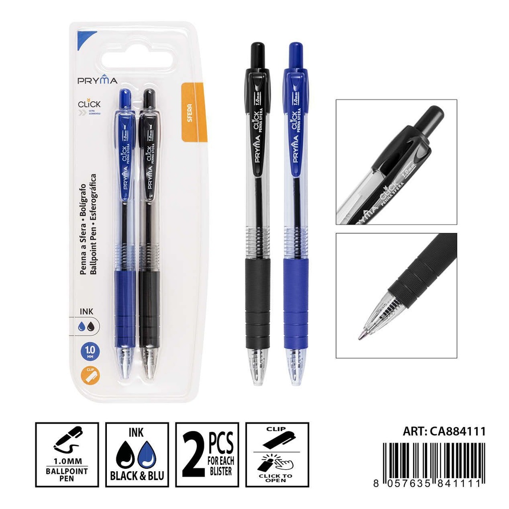 Bolígrafo con clic 1 mm 2 pzs en blanco y negro - Herramientas de escritura
