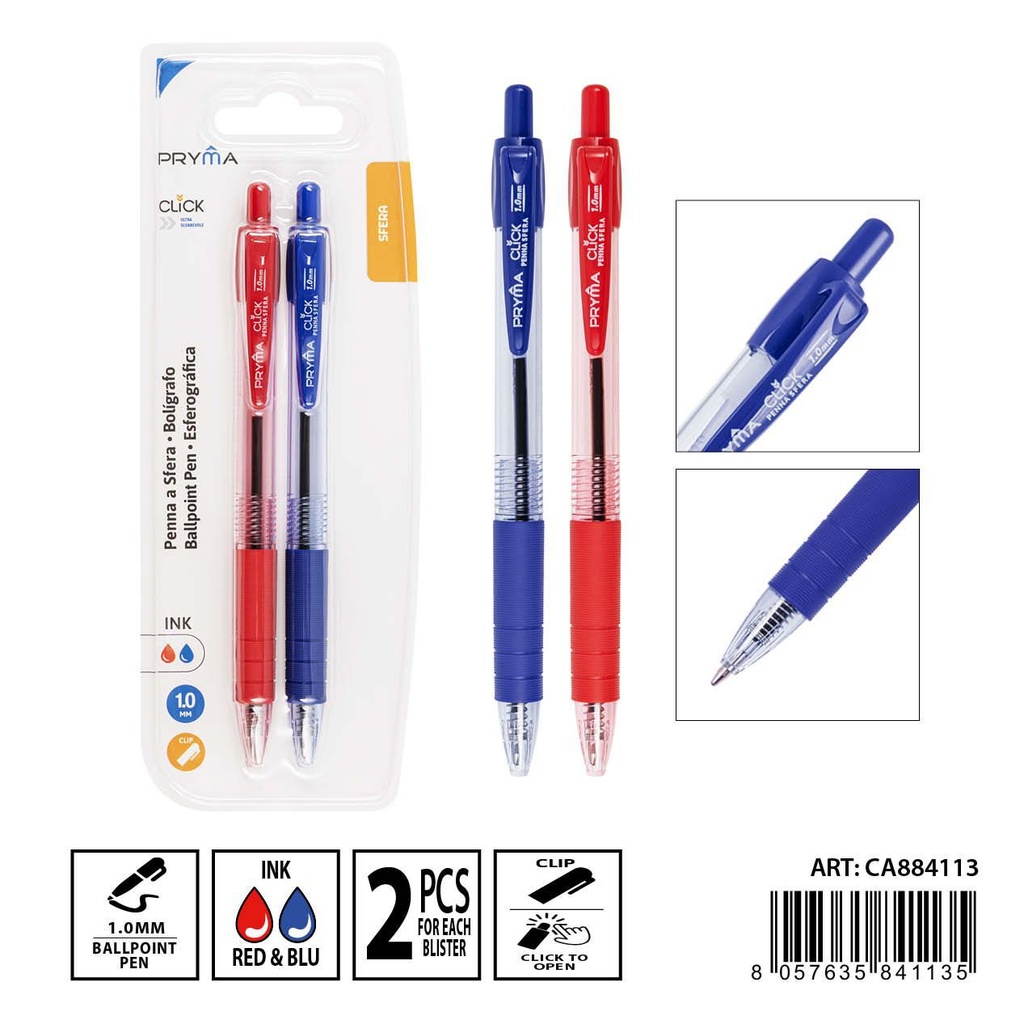 Bolígrafo con clic 1mm (2 unidades, rojo y azul) - Papelería