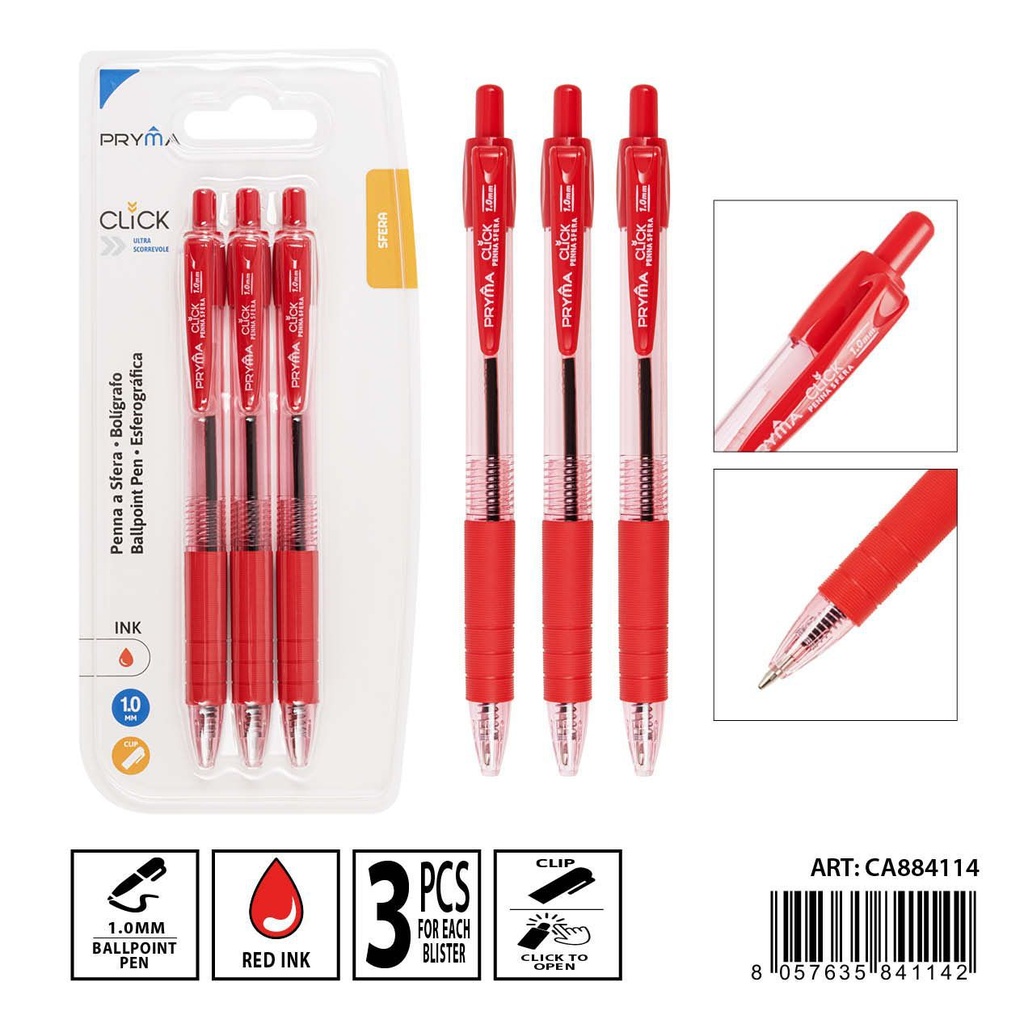 Bolígrafo con clic 1 mm 3 pzs en rojo - Herramientas de escritura