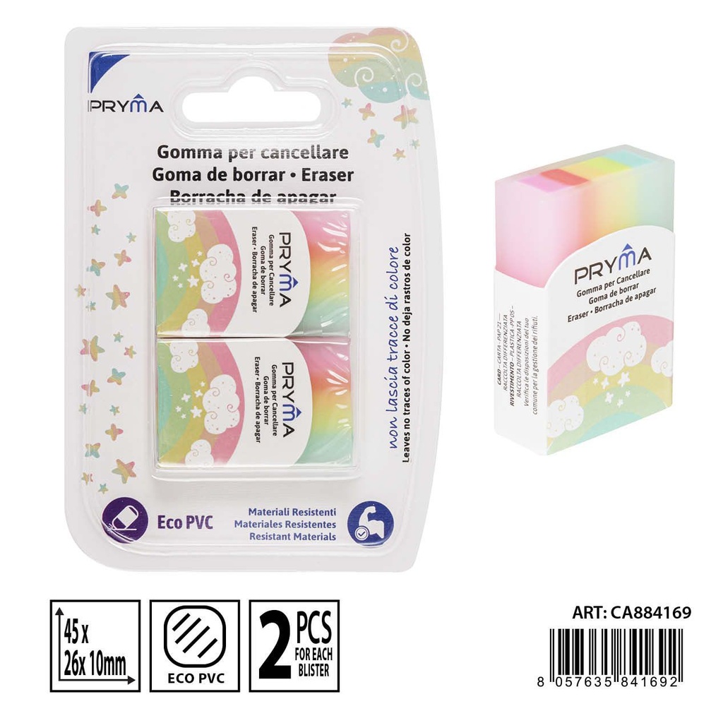 Gomas de borrar 2 piezas arco iris pastel