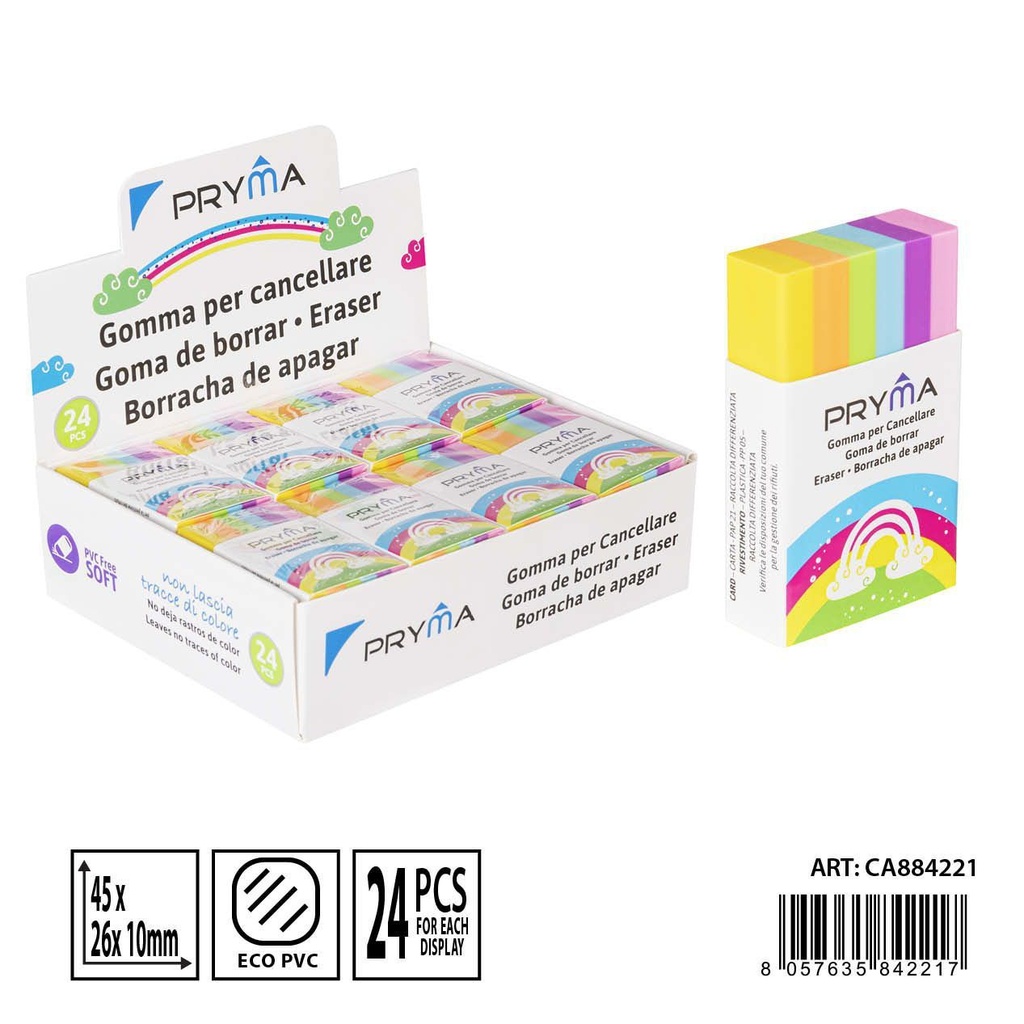 Goma de borrar colorido 45x26x10mm - Material de papelería y útiles escolares