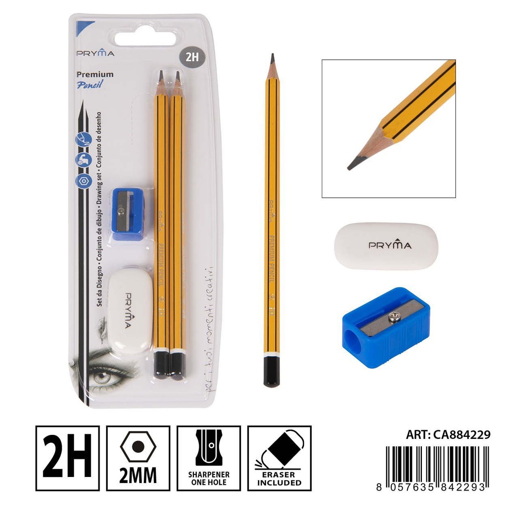Lápiz 2H 2 pcs + sacapuntas + goma blanca - Utensilios de escritura