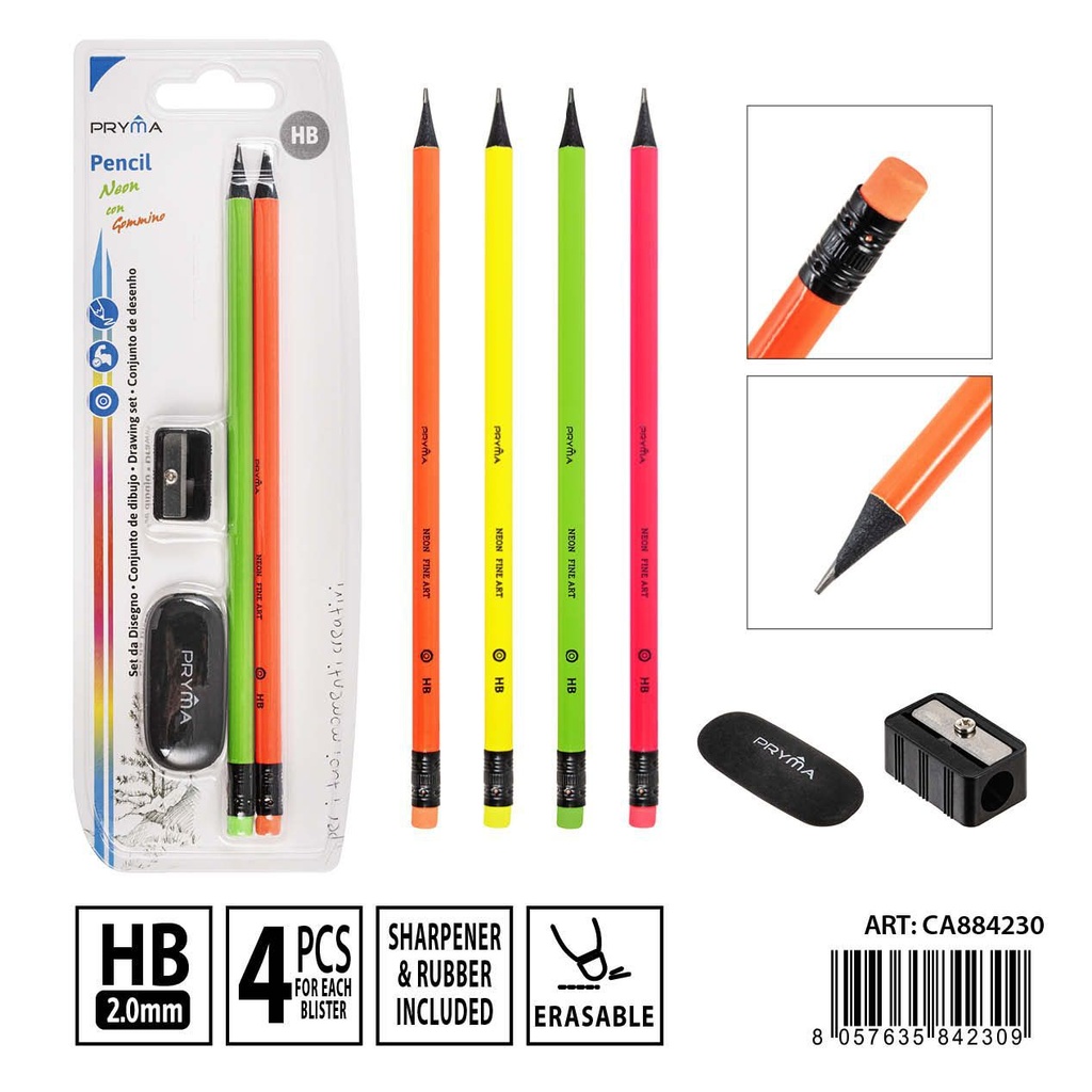 Lápiz HB 4 pcs + sacapuntas + goma blanca - Utensilios de escritura