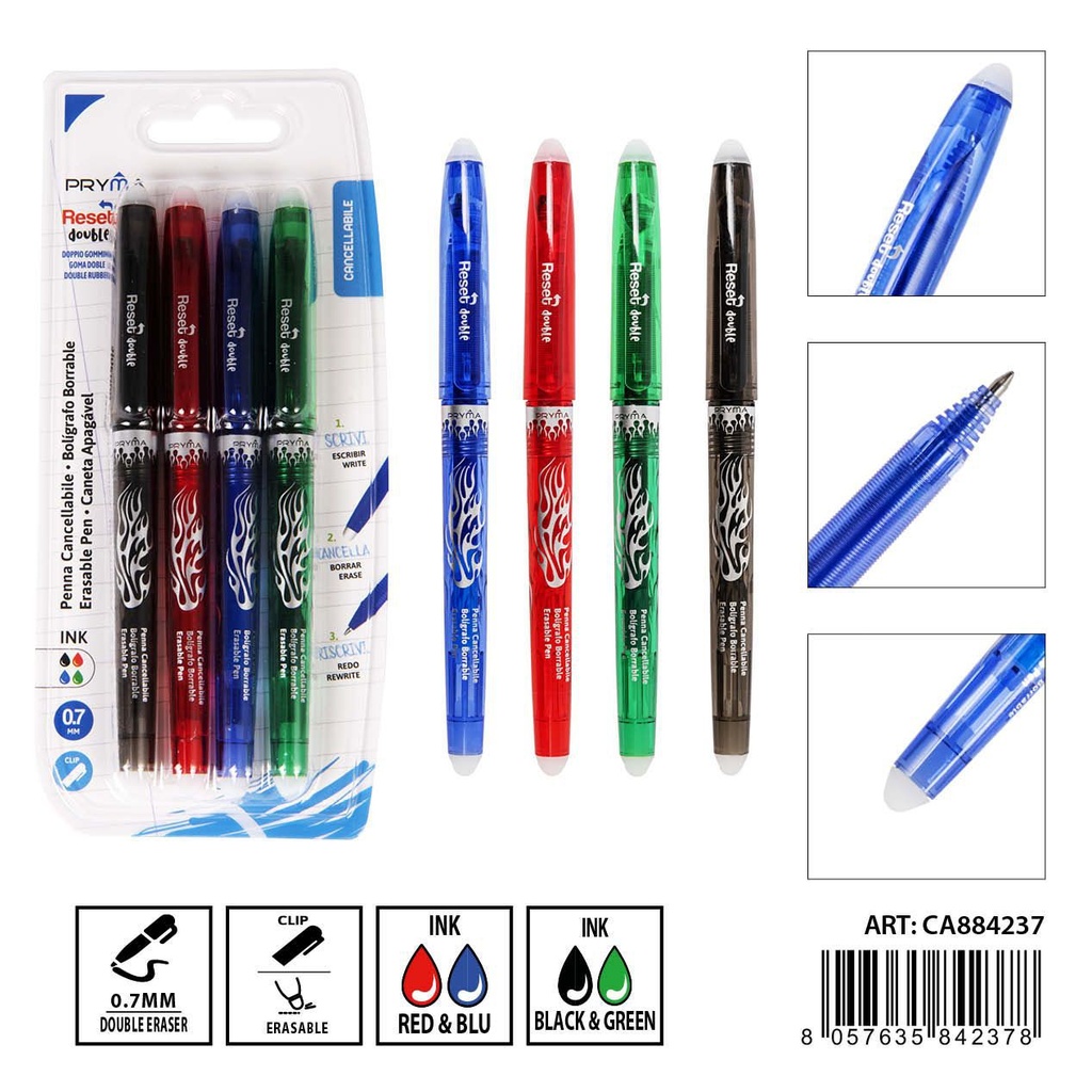 Bolígrafo borrable de goma doble reset 0.7 mm 4 pzs - Herramientas de escritura