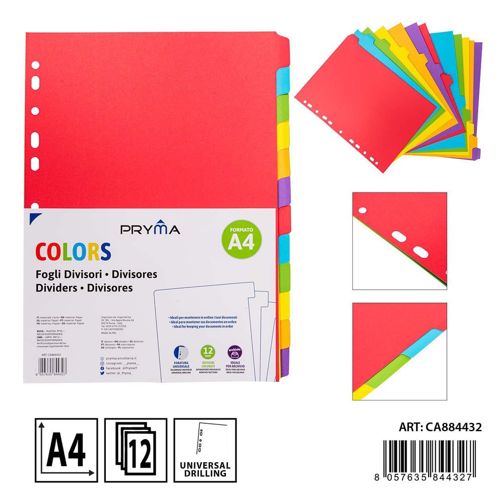 Separadores de índice de colores, A4, 12 divisiones