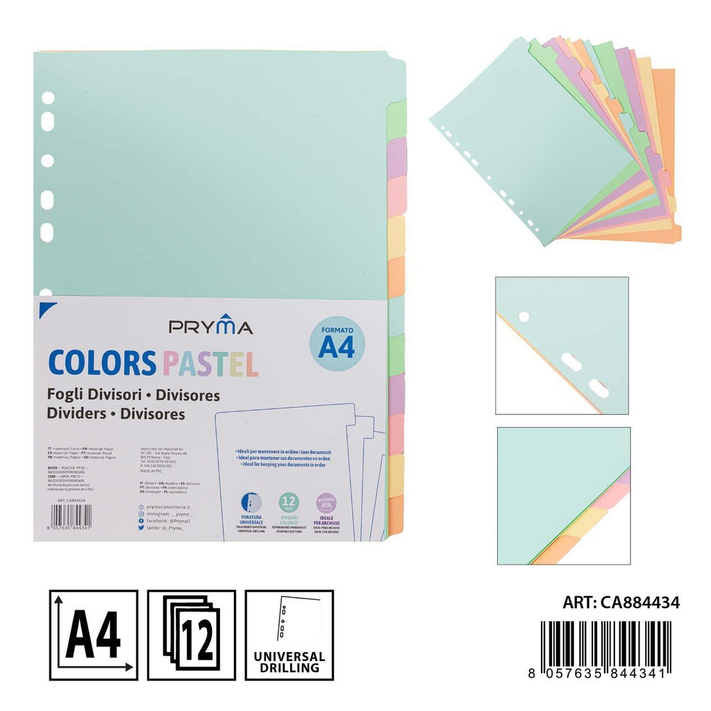 Separadores de índice pastel A4 12 divisiones para organización de documentos